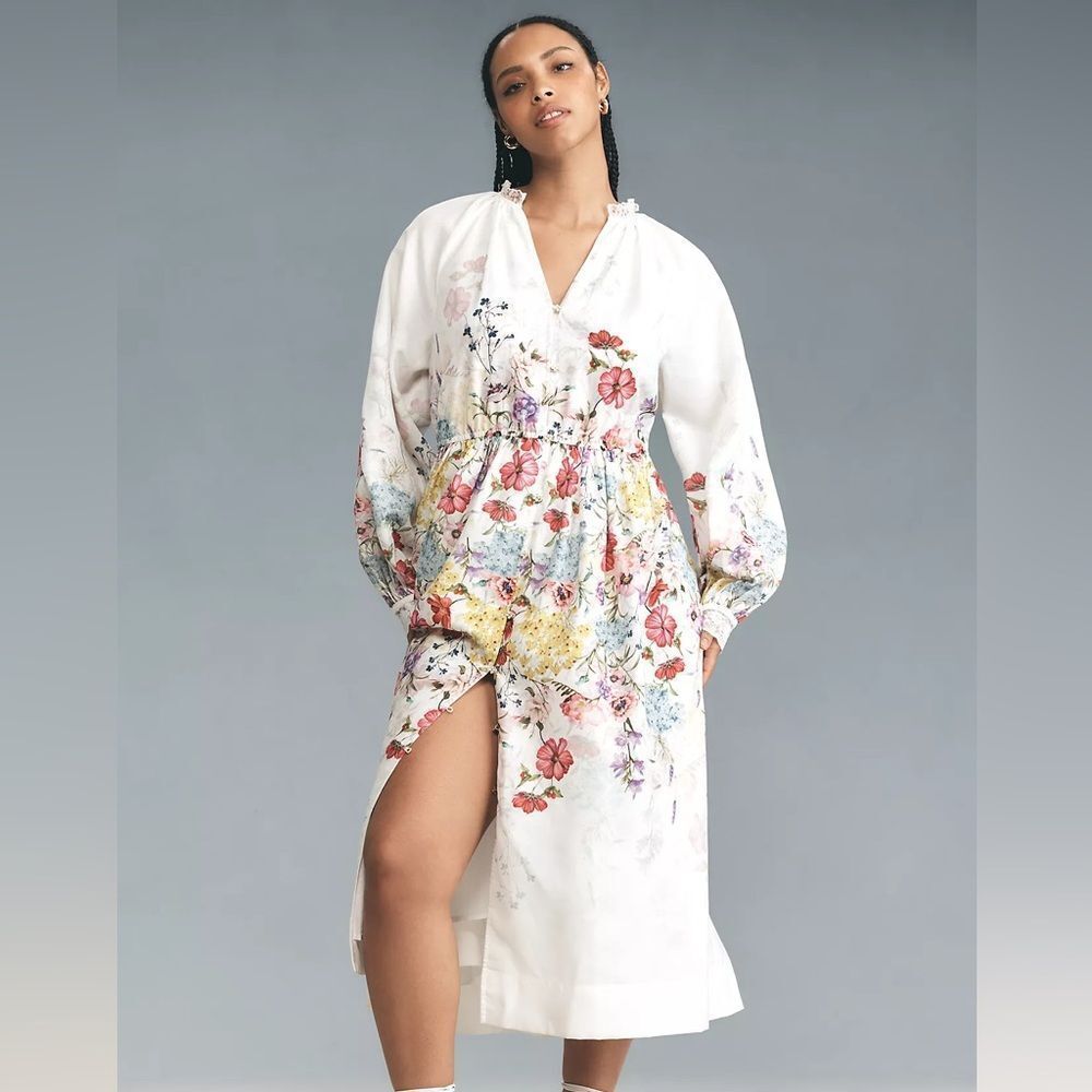 New Anthropologie Let Me Be Long-Sleeve V-Neck Floral A-Line Midi Dress size M